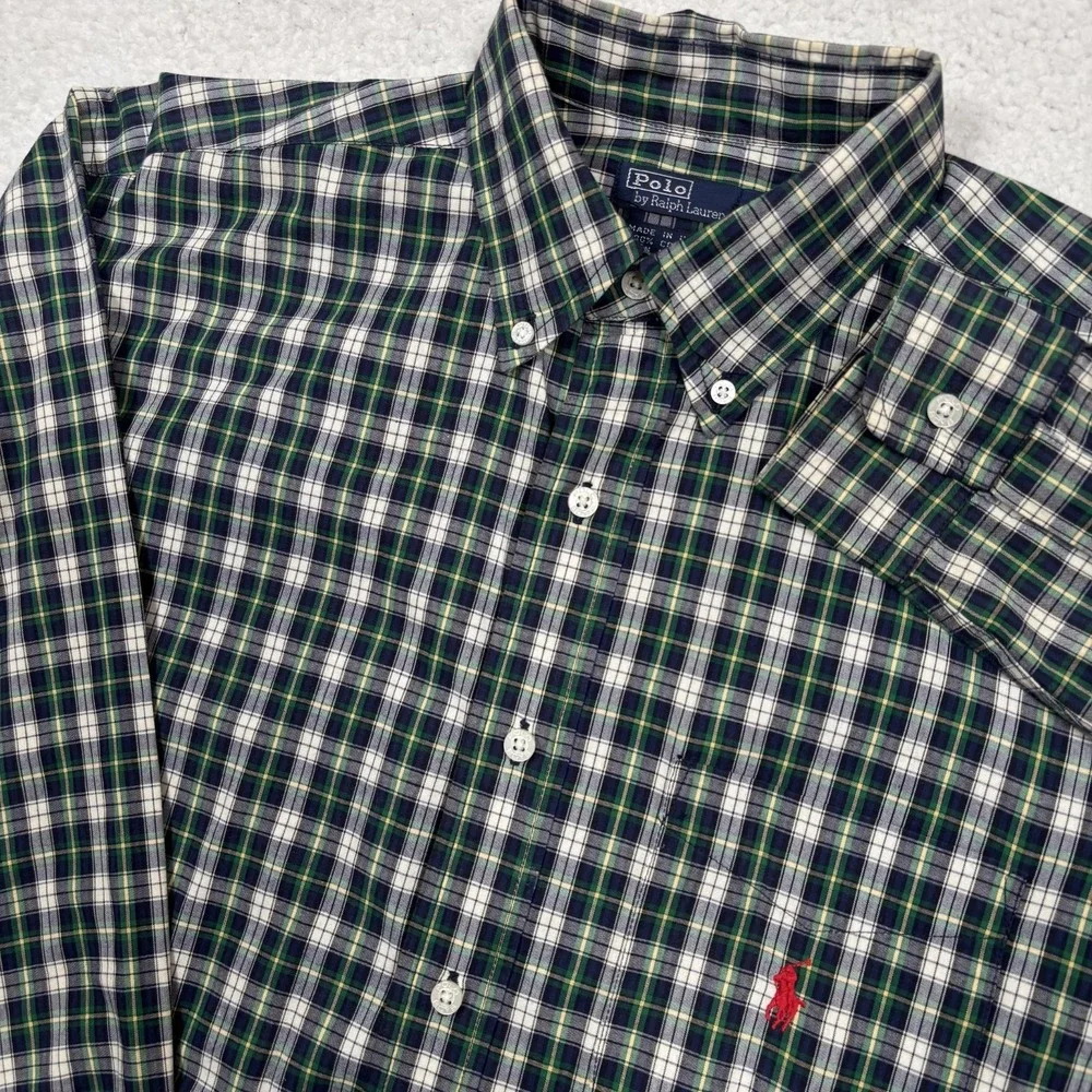 Polo Ralph Lauren Button Down‎ Shirt Mens XL (FITS M) Navy Blue Green Plaid Pony